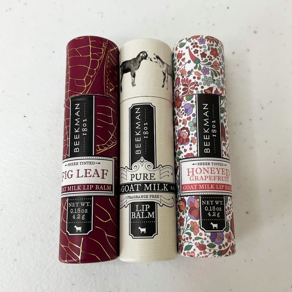 New Beekman 1802 Lip Balm Set of 3 Chapstick Pure Goat Milk Fig Leaf Grapefruit
